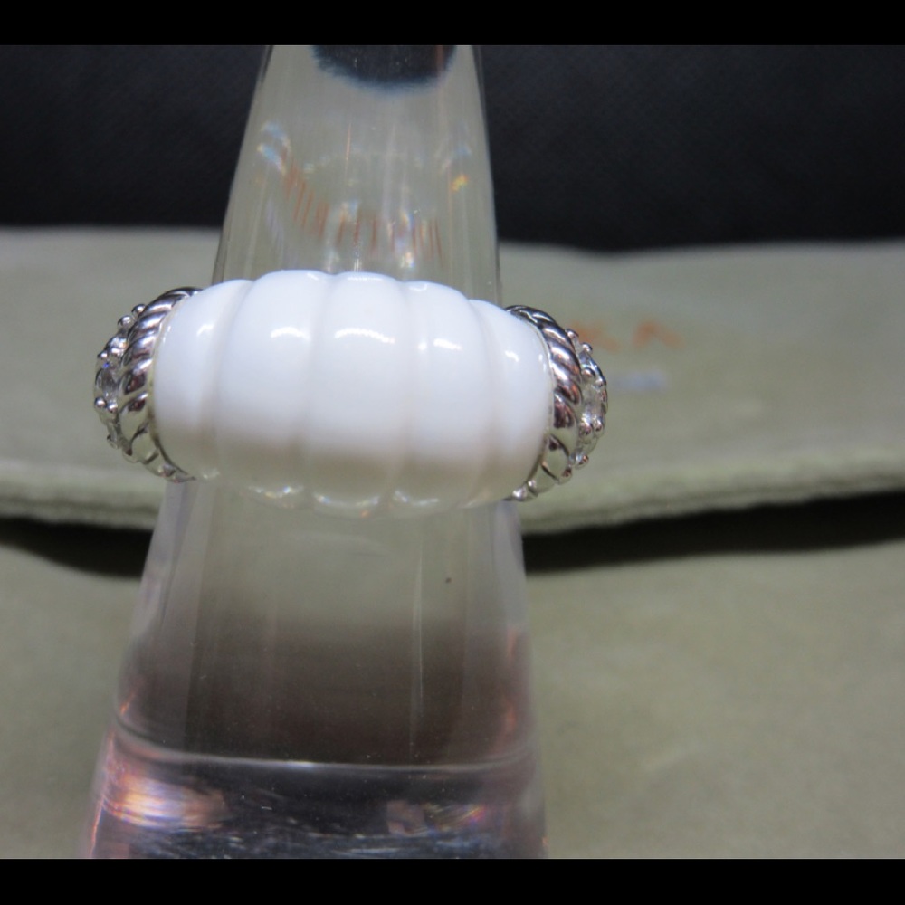 Judith Ripka Silver Ring w/White Carved Stone & CZ